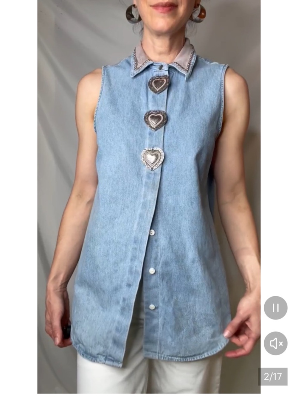 Cache vintage 90s metal heart adorned studded denim top jean blouse sleeveless M - Picture 2 of 7